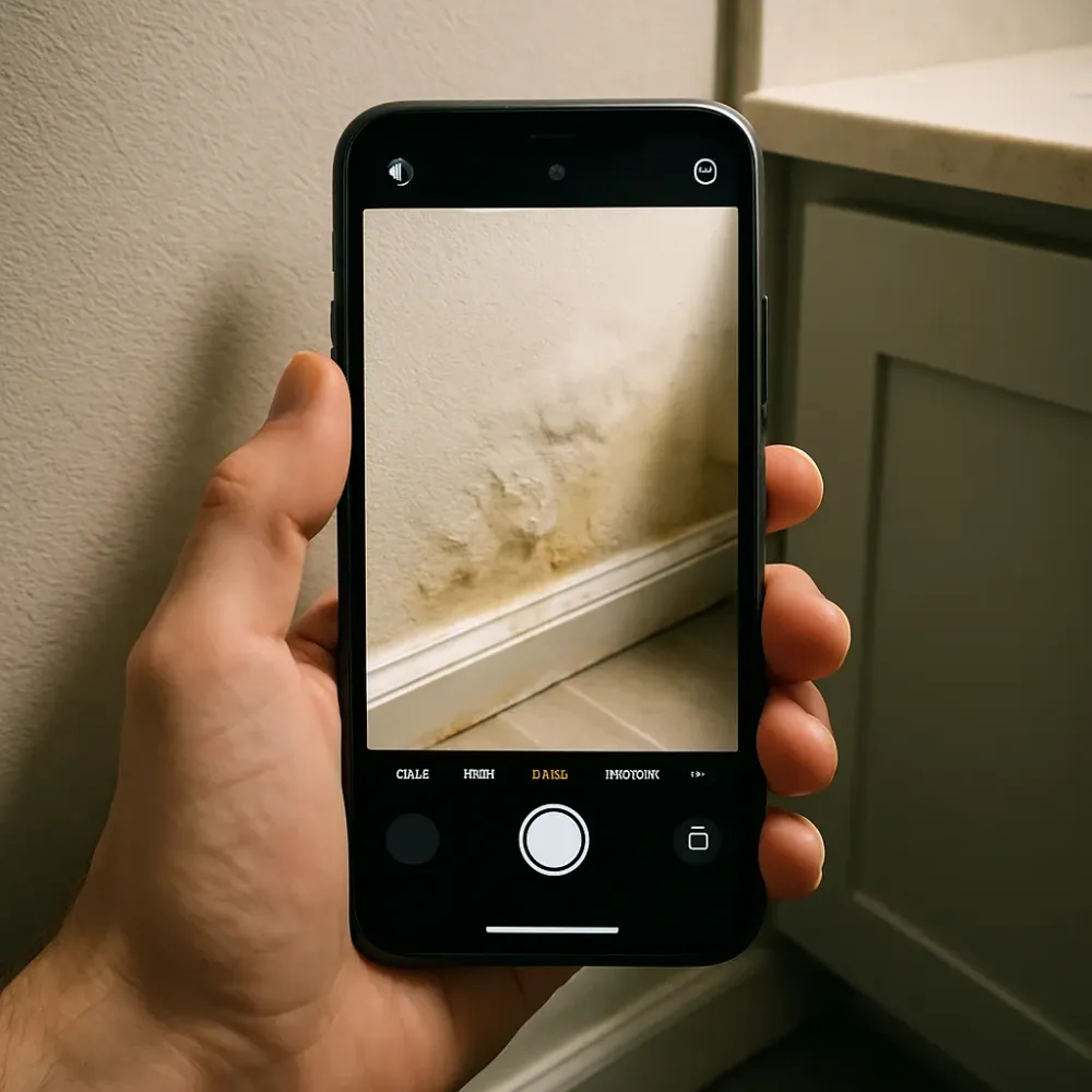 Hand holds a smartphone photographing bubbling and discolored drywall at the base of a bathroom wall.