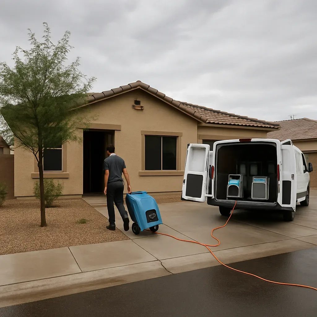 Flood cleanup worker moving air mover into a stucco tract home near the Gilbert and Chandler border.