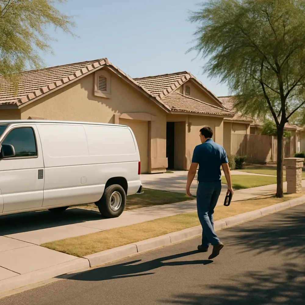 Service van parked on a residential street near Guadalupe and Lindsay Road in Gilbert, Arizona during flood cleanup.