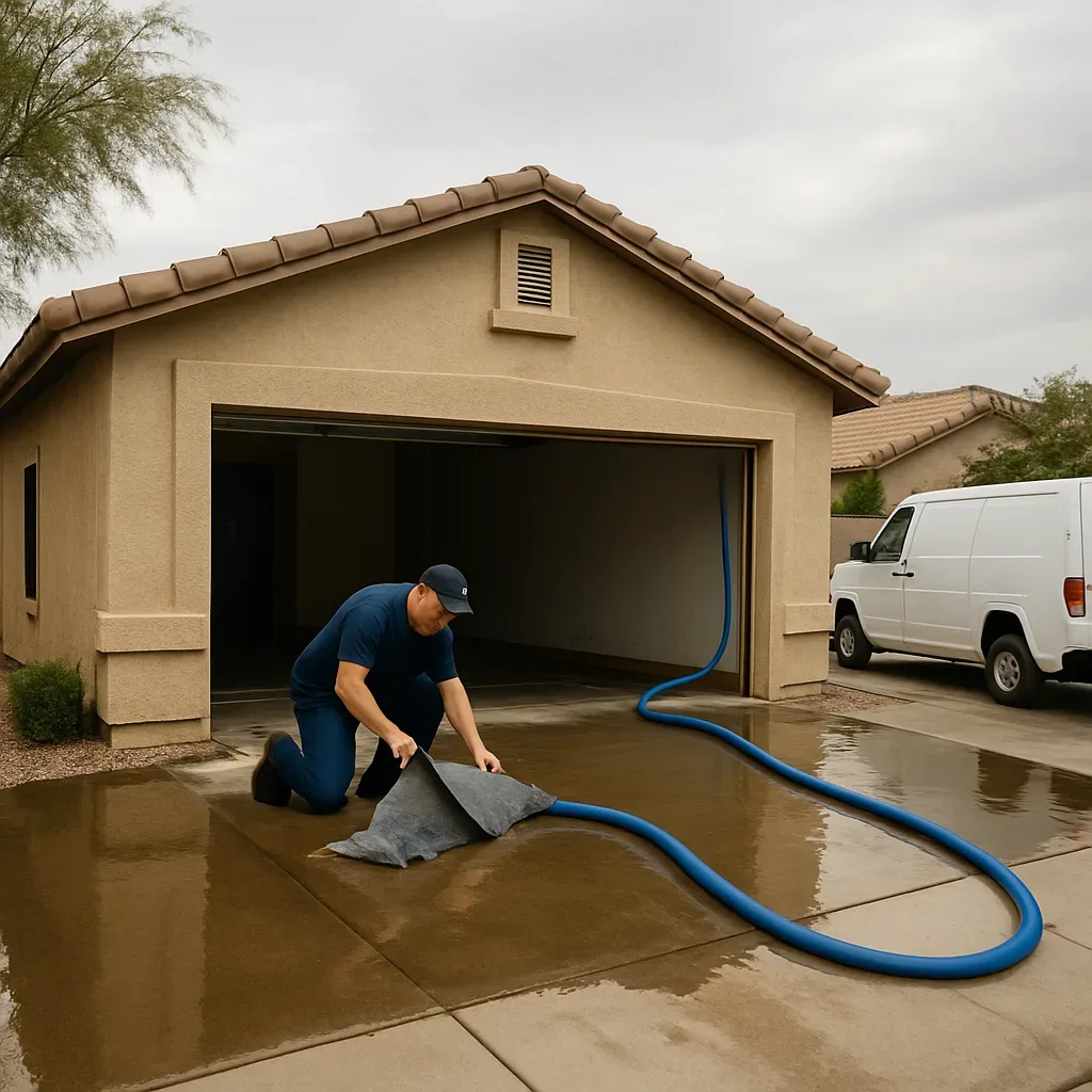 Flood cleanup worker extracting water from a 1990s stucco home garage slab near Lindsay Road in Gilbert, Arizona.