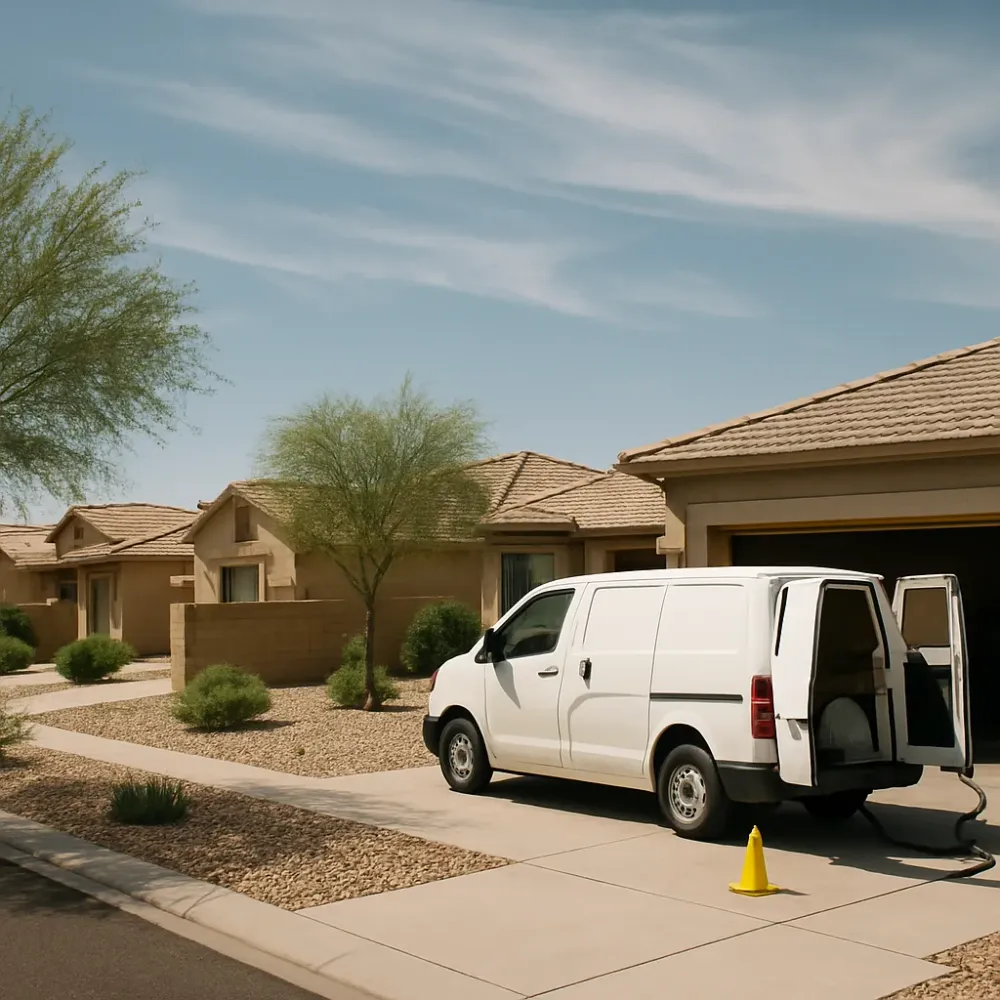 Flood cleanup van parked on a residential street near Gilbert and Chandler border with worker approaching stucco home.
