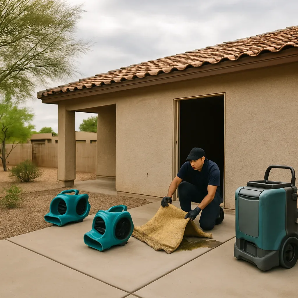 Flood damage repair technician removing wet carpet at a stucco ranch home near the Gilbert-Tempe border after monsoon