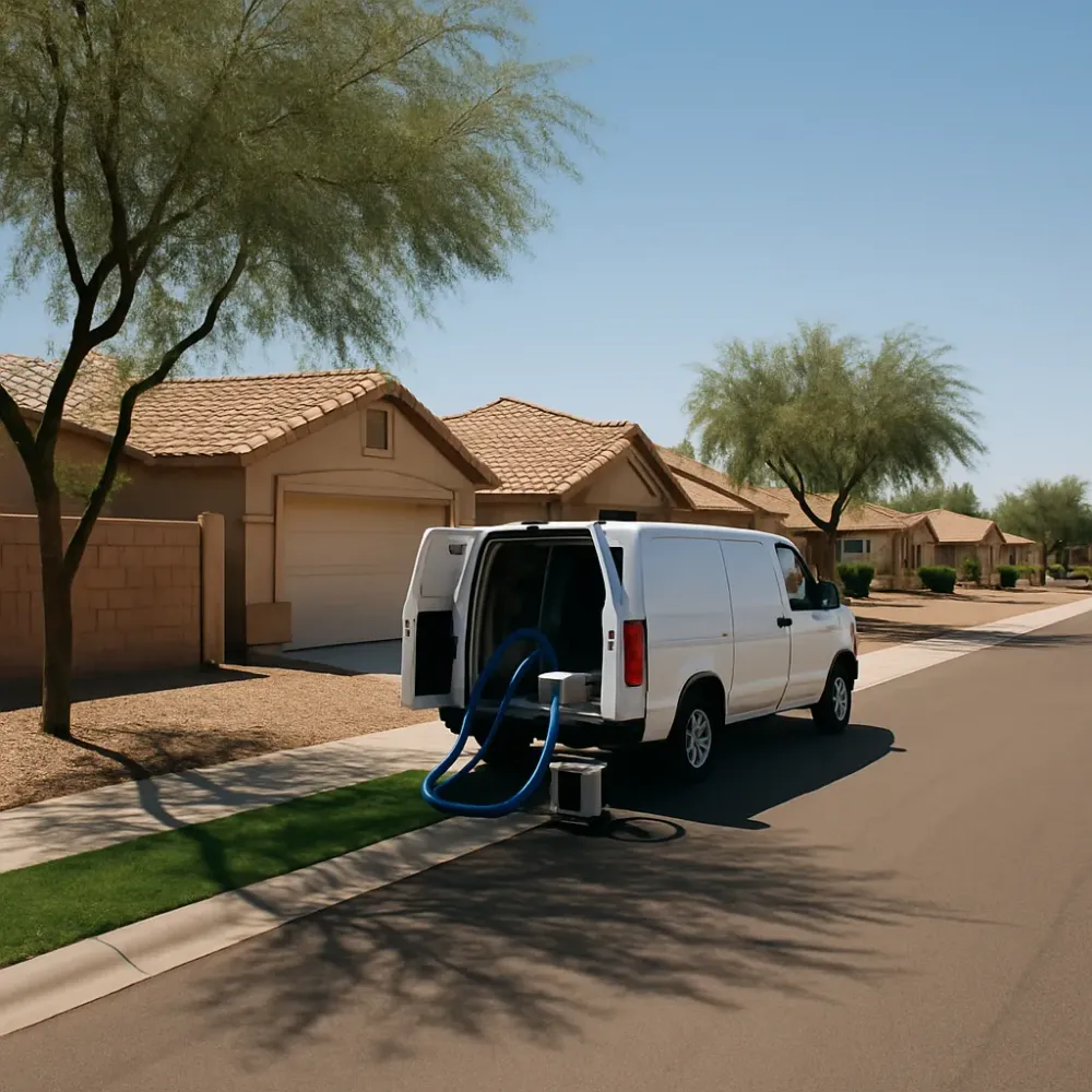 Service van parked on a Gilbert-area residential street with flood drying equipment visible on a stucco home driveway.