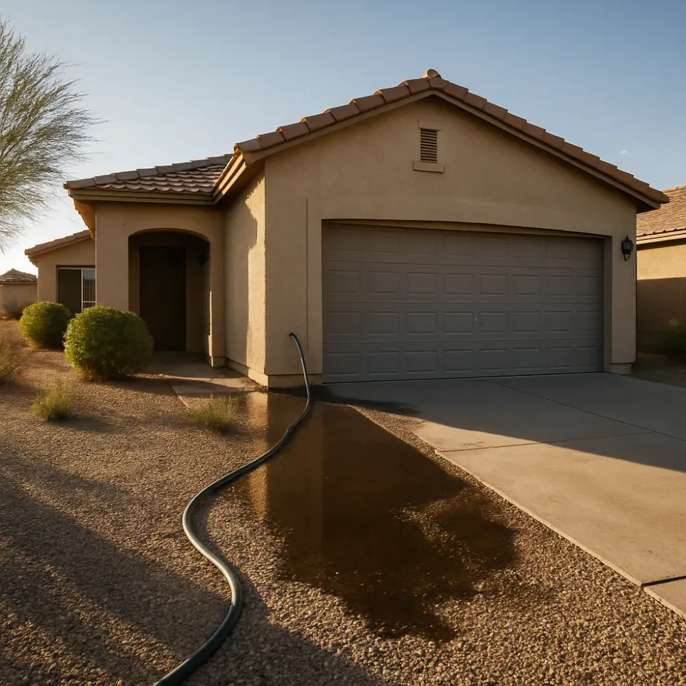 Single-story stucco ranch home in a desert suburb with water pooling near the foundation from a running garden hose.