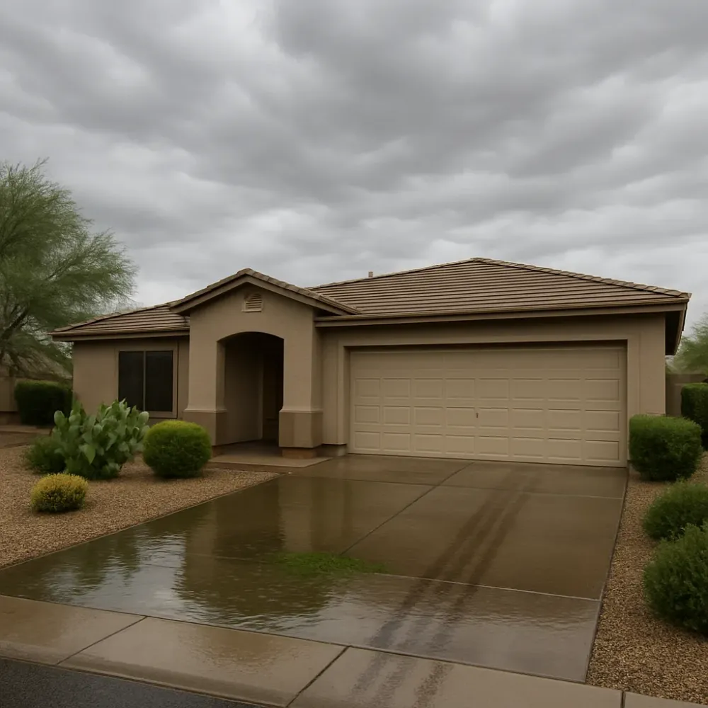 Stucco ranch-style home in Gilbert with water pooling near the foundation during an overcast monsoon-season afternoon.