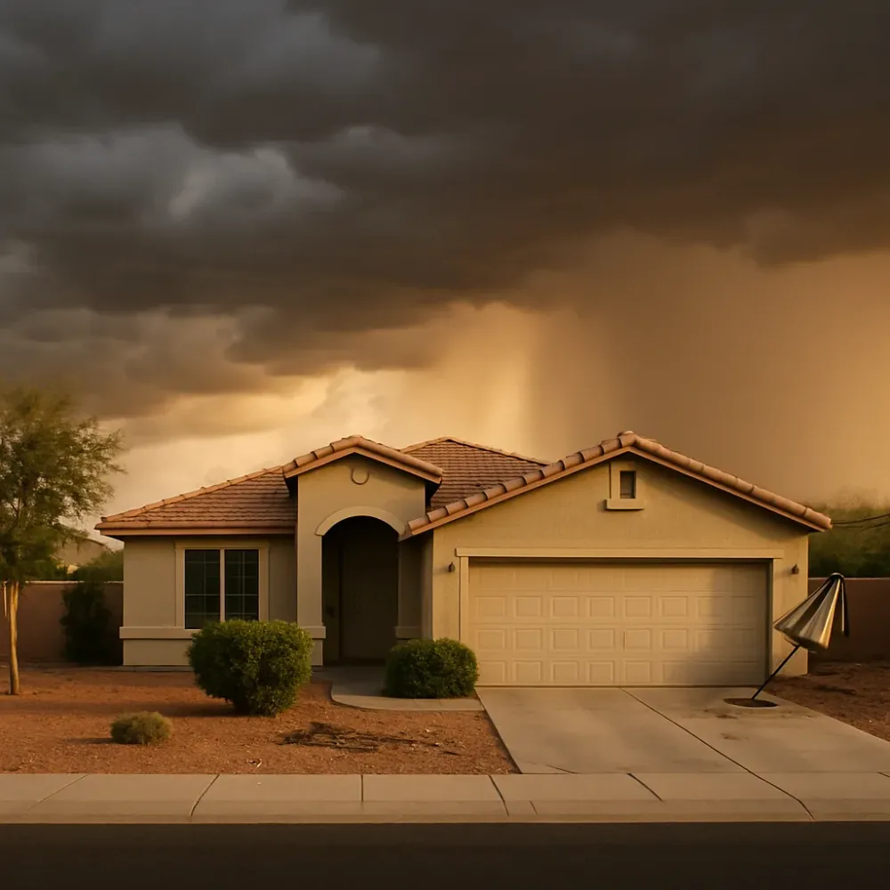 Single-story stucco home in a Gilbert neighborhood beneath a heavy monsoon sky with dust haze building on the horizon.