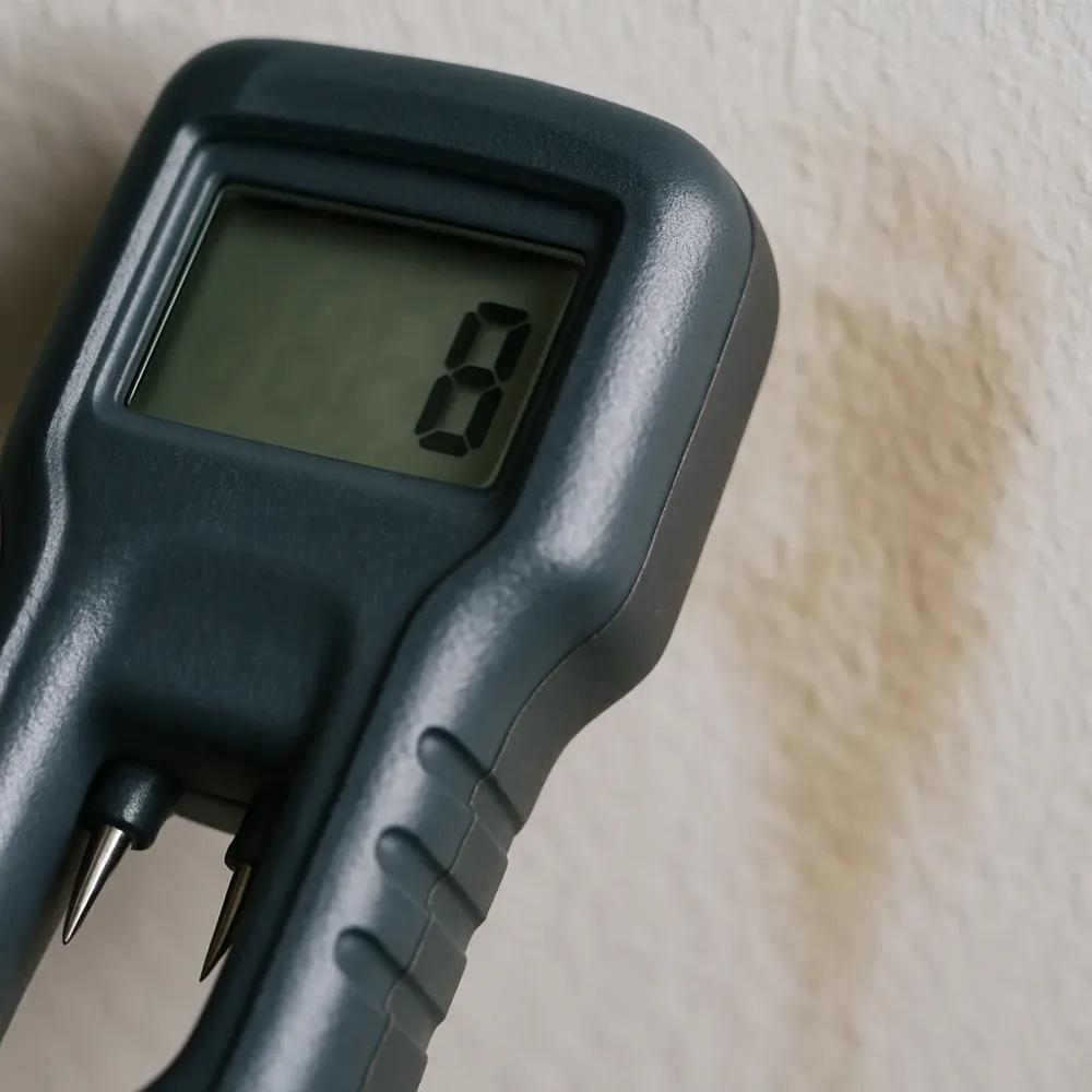 Moisture meter with a digital readout is pressed against a discolored drywall surface showing signs of water saturation.