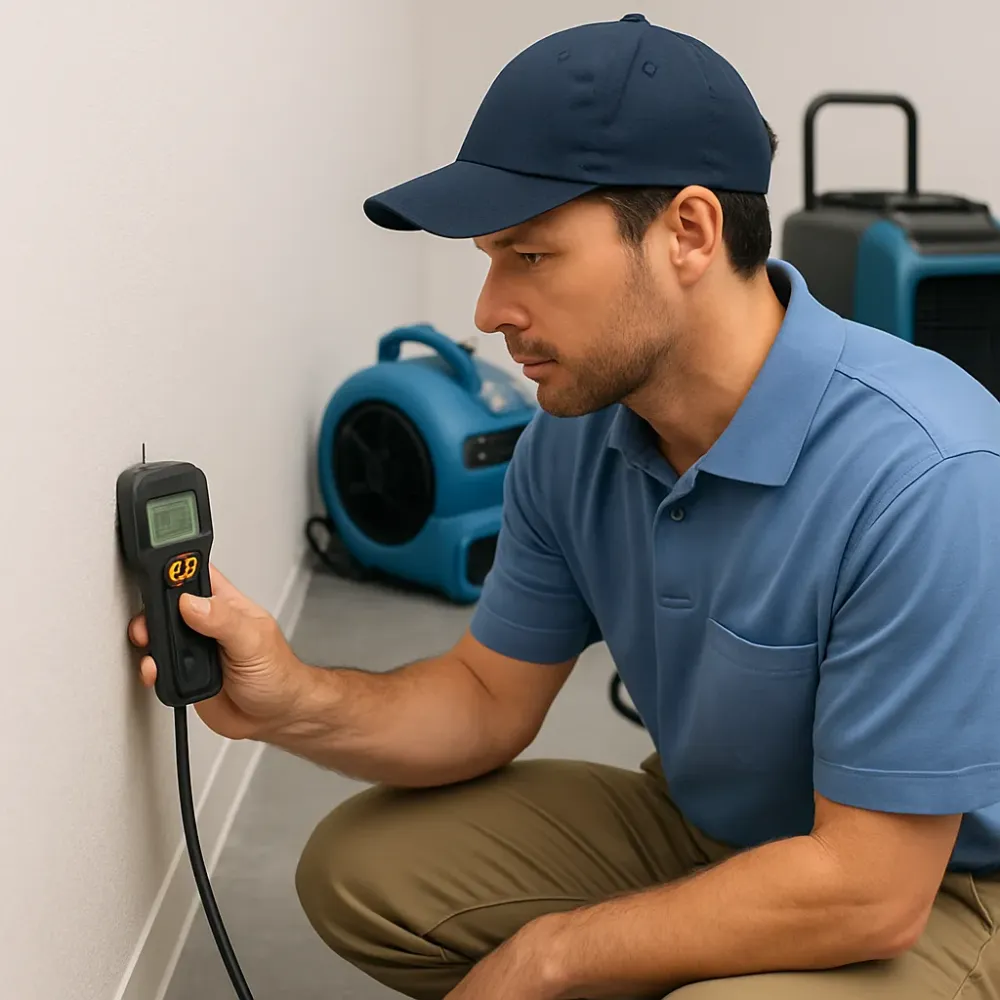 Technician presses a moisture meter against a dry-looking drywall surface while air movers run in the background.