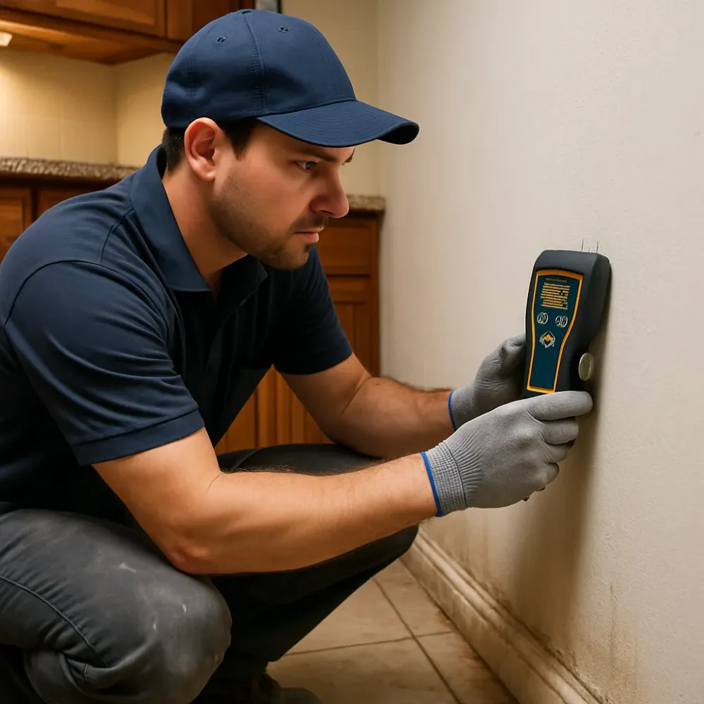 Technician pressing a moisture meter probe against a kitchen wall near swollen cabinetry and water-stained baseboards.