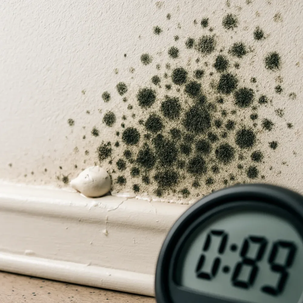 Close-up of dark mold spots and bubbling paint on white drywall at a baseboard seam in a home interior.