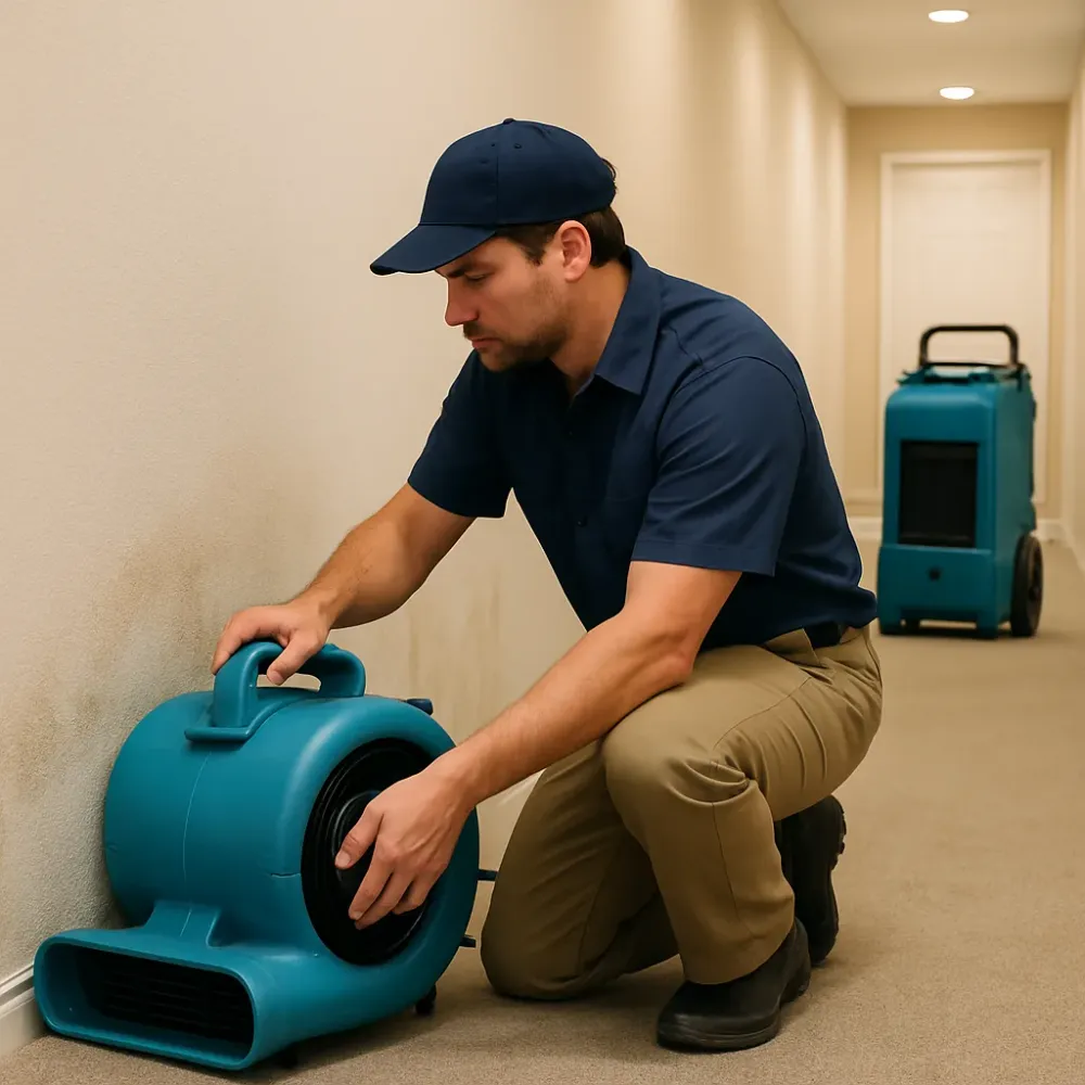 Person in work clothes adjusts an industrial air mover positioned along a baseboard in a water-damaged residential hallway.