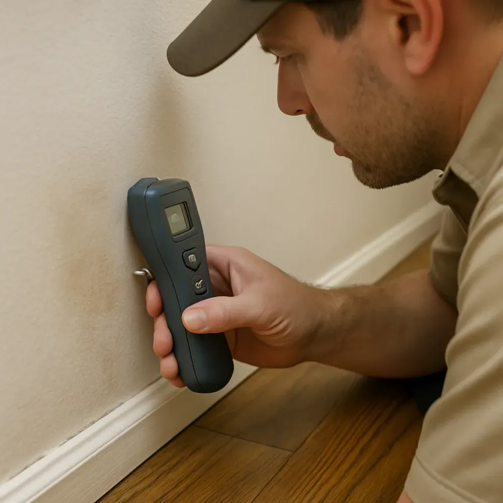 Moisture meter probe pressed into discolored drywall near a baseboard during a water damage inspection.