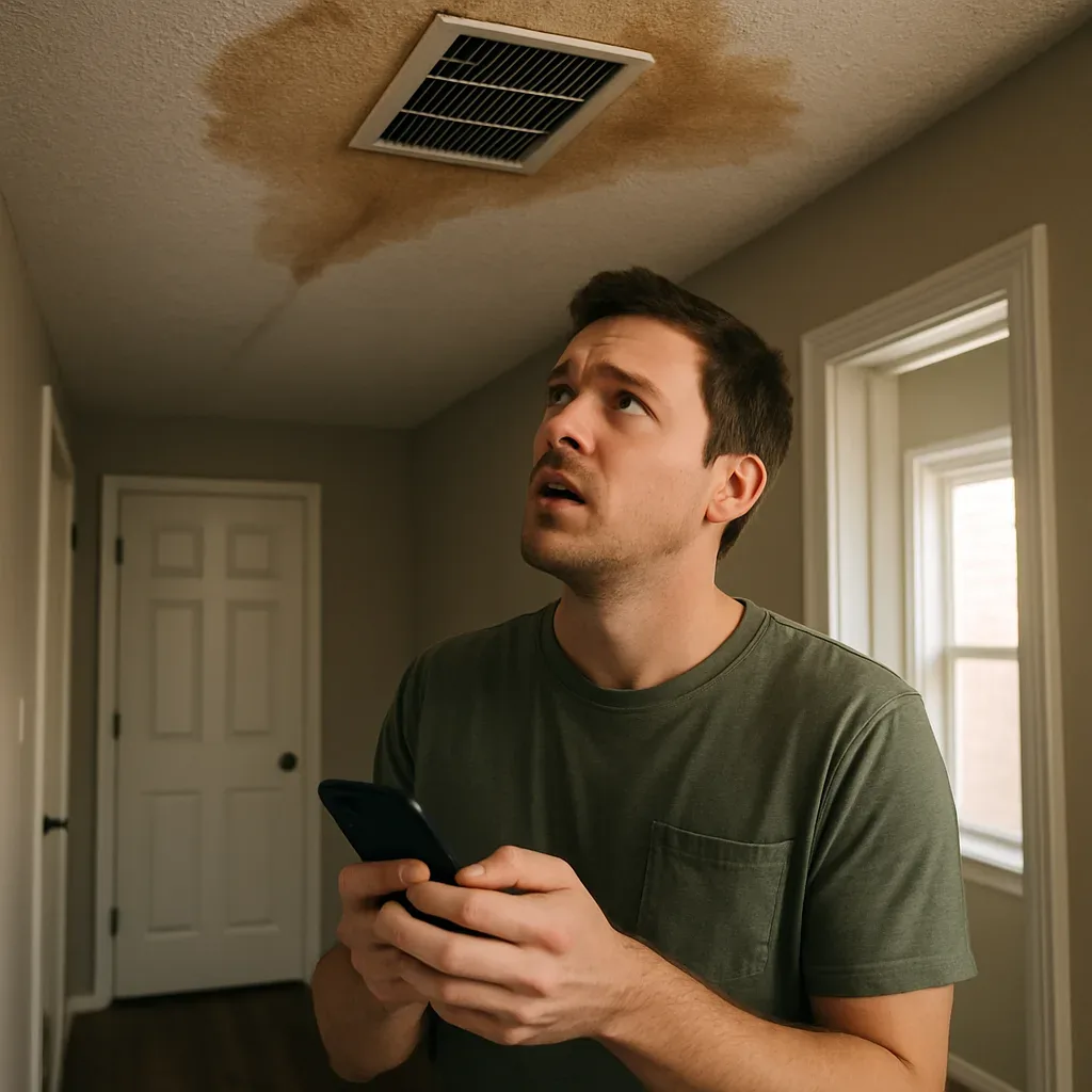 Homeowner staring at a brown water stain spreading across a hallway ceiling near an HVAC vent, phone in hand.