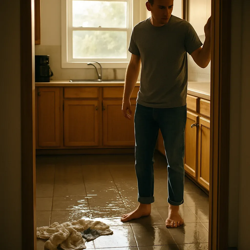 Homeowner stands in a kitchen doorway staring at water pooling across tile flooring near the base of the cabinets.