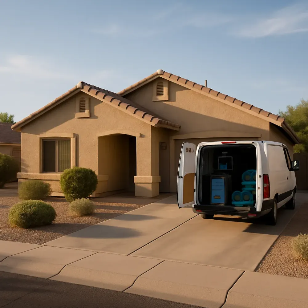 Stucco single-story home in a Gilbert neighborhood with a restoration van parked in the driveway and equipment visible.