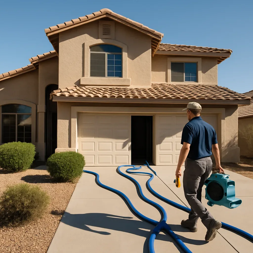 Water damage restoration worker arriving at a two-story stucco home near Elliot Road in Gilbert, Arizona.