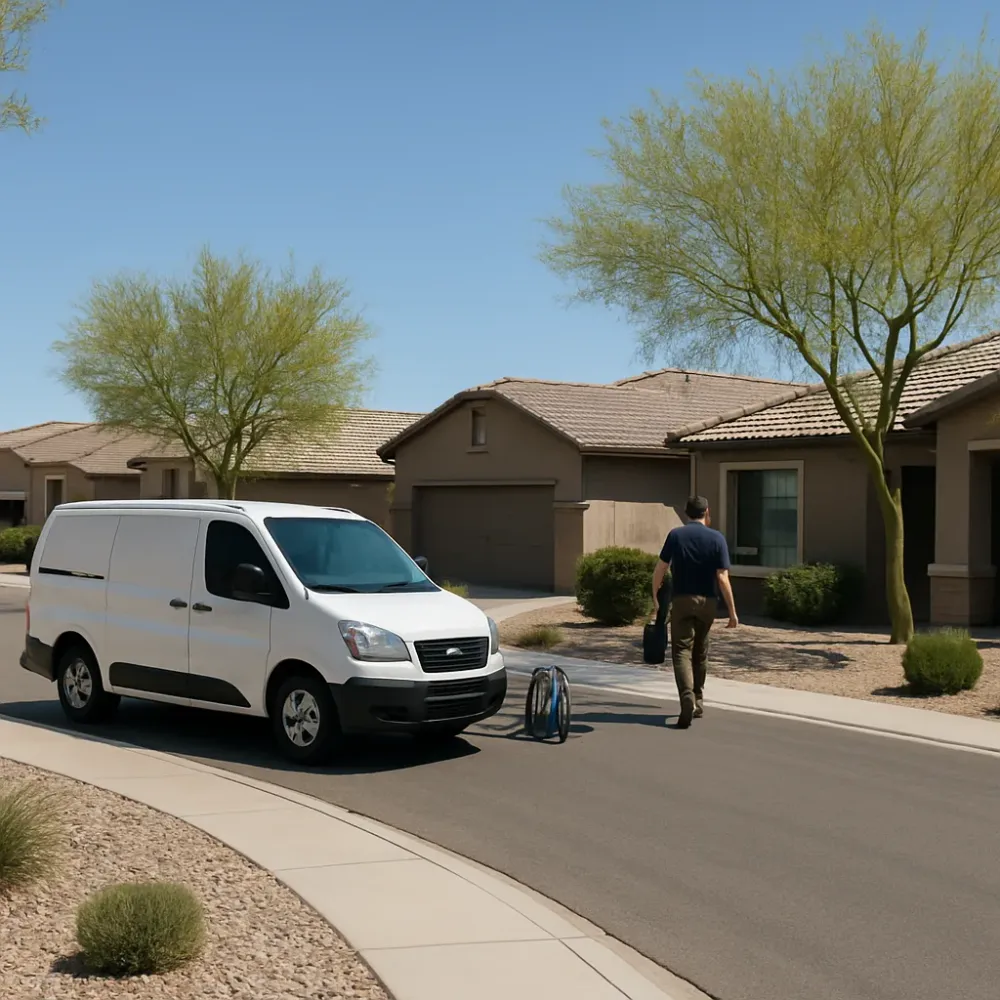 Water damage restoration service van parked on a residential street in a Gilbert, Arizona neighborhood near Williams Field