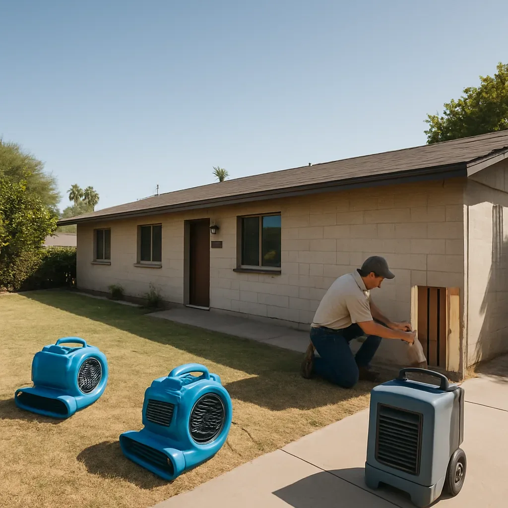Water damage restoration technician inspecting a mid-century ranch home near Riverview Park in Gilbert, Arizona.