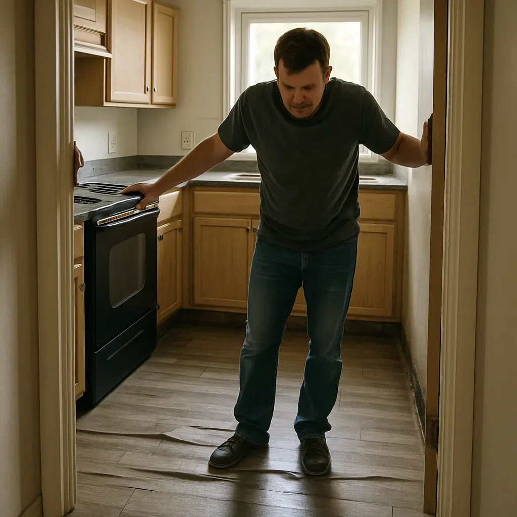 Homeowner stands in a doorway looking at warped, water-damaged laminate flooring and a soaked baseboard in a kitchen.