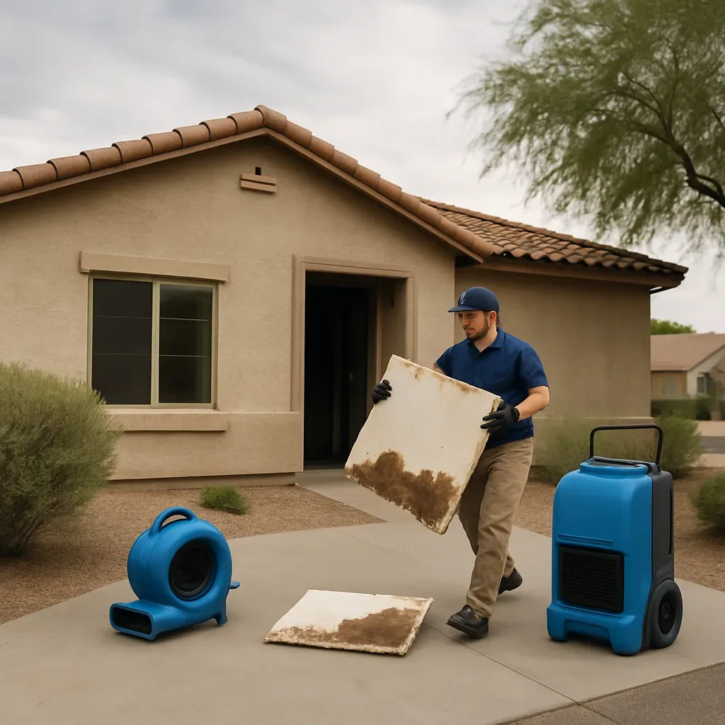 Water damage restoration technician removing wet drywall from a stucco home near Lindsay Road in North Gilbert, AZ.