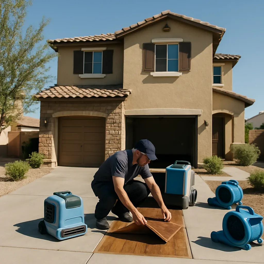 Water damage restoration technician removing damaged flooring at a two-story stucco home near Ocotillo Road in Gilbert,