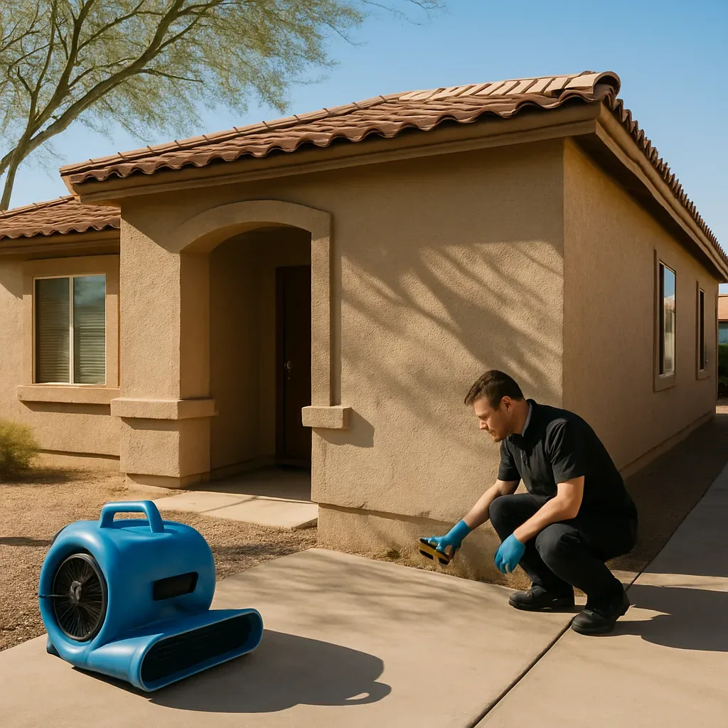 Water damage restoration technician working at the entry of a stucco tile-roof home in Southeast Gilbert, AZ.