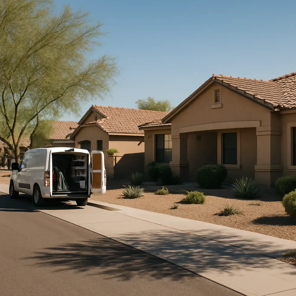 Water damage restoration service van parked on a stucco home-lined street in North Gilbert near Lindsay Road, AZ.