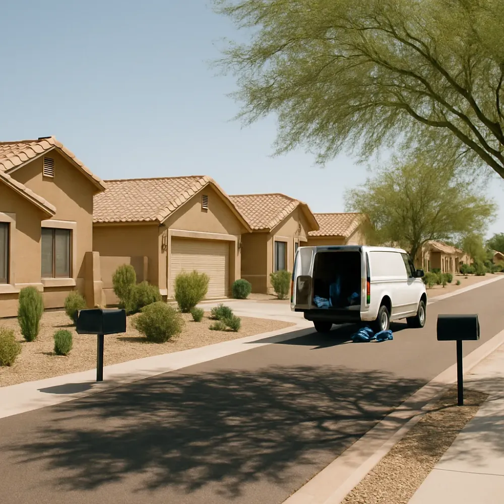 Service van parked on a Southeast Gilbert AZ street lined with stucco homes and desert landscaping.
