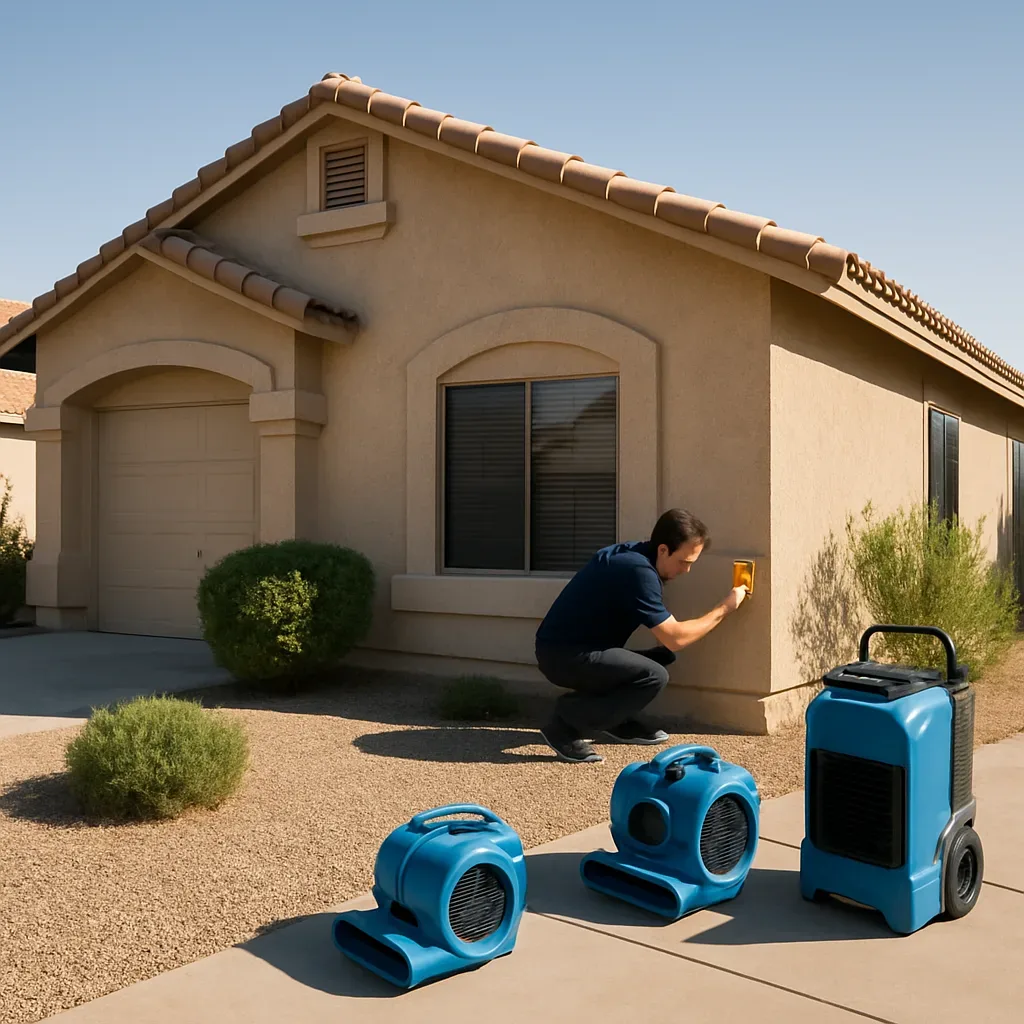 Water damage restoration technician scanning moisture levels on a 1990s stucco home near Williams Field Road in Gilbert,