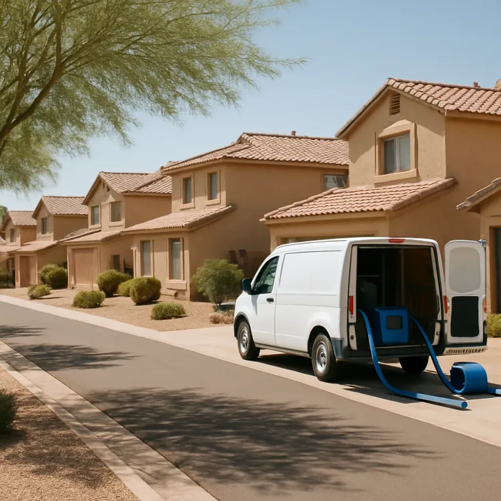 Water damage service van parked on a stucco home-lined street in a Gilbert, Arizona neighborhood near Elliot Road.