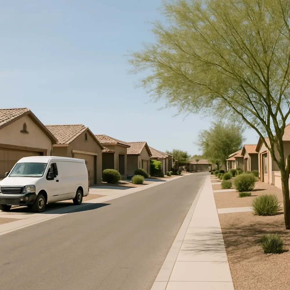 Service van parked on a Gilbert, Arizona residential street near Queen Creek Road with stucco homes and desert landscaping.