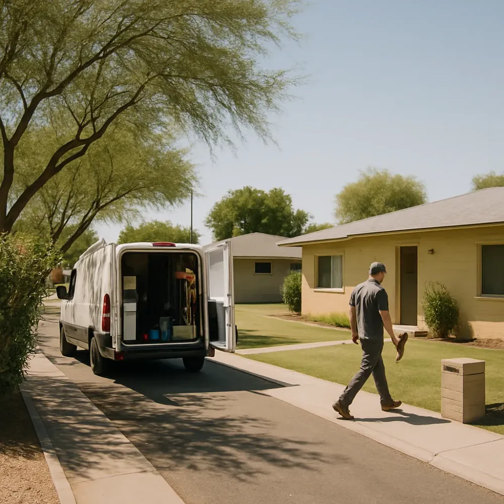 Service van parked on a residential street near Riverview Park in Gilbert, Arizona during a water damage call.