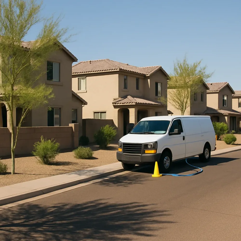 Restoration service van parked on a Gilbert, Arizona residential street near Ocotillo Road with extraction equipment at a