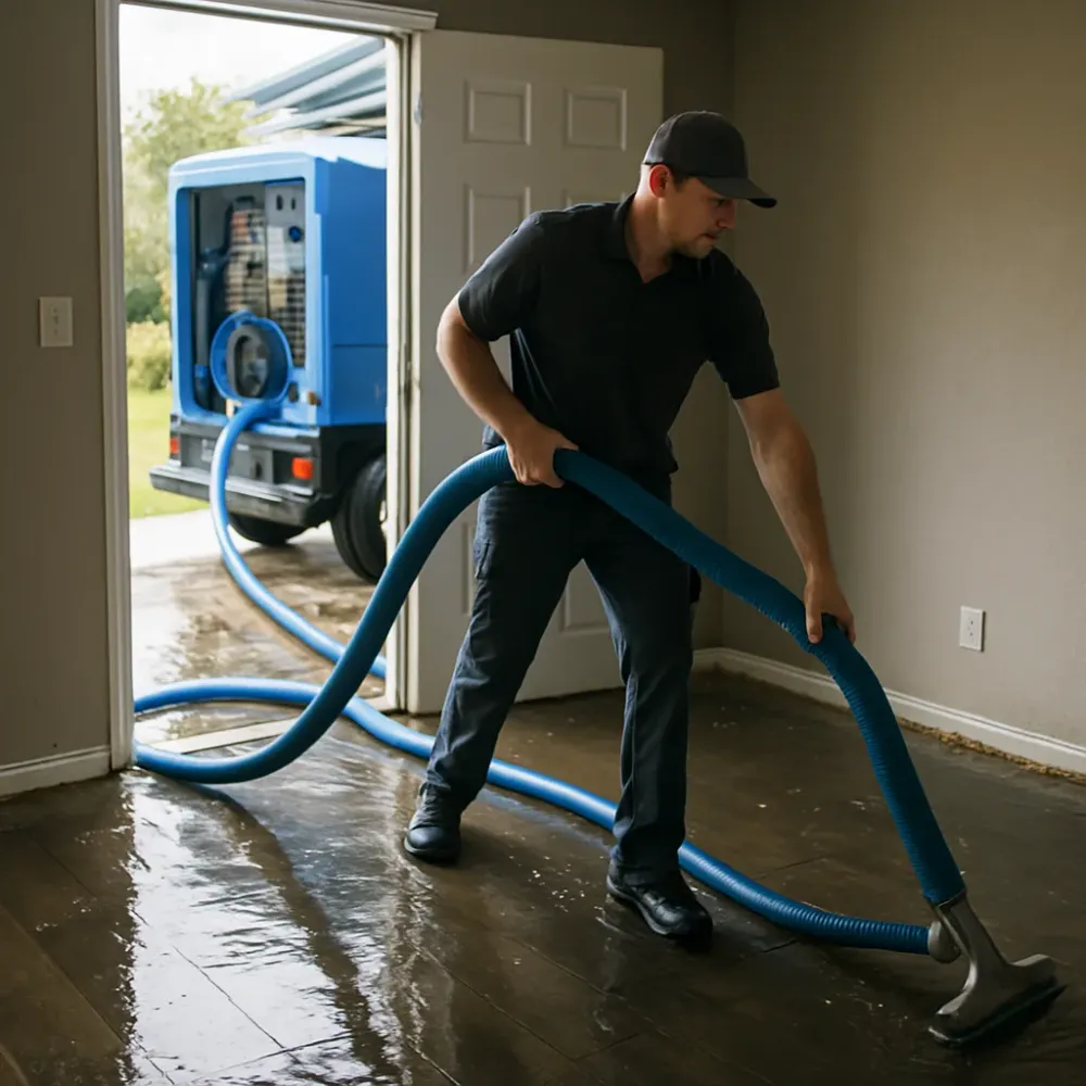 Restoration technician guides a large extraction hose across a water-covered living room floor during active water removal.